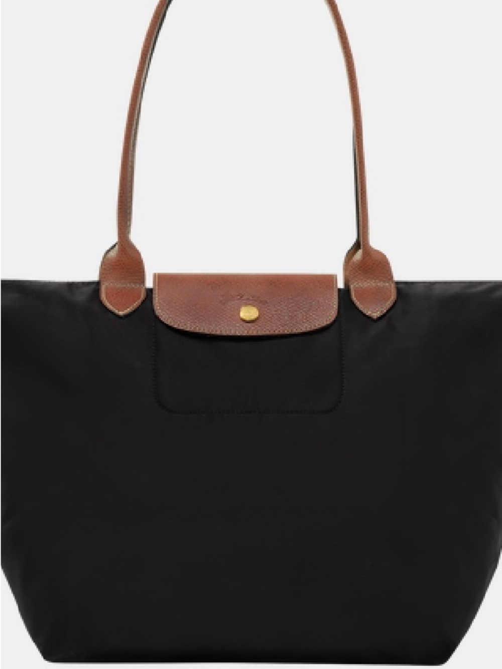 Longchamp Black Tote with Brown Leather Trim and Gold Button